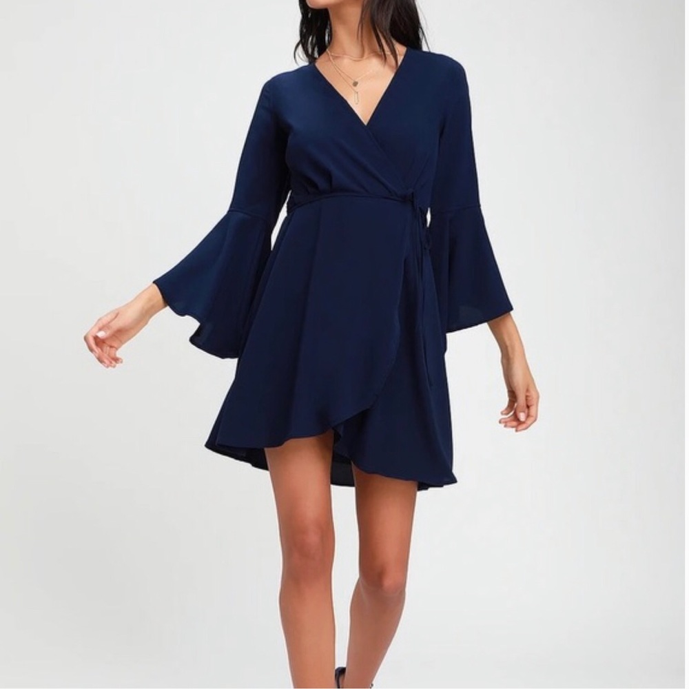 Lulu’s Navy Wrap Dress | Trumpet Sleeves